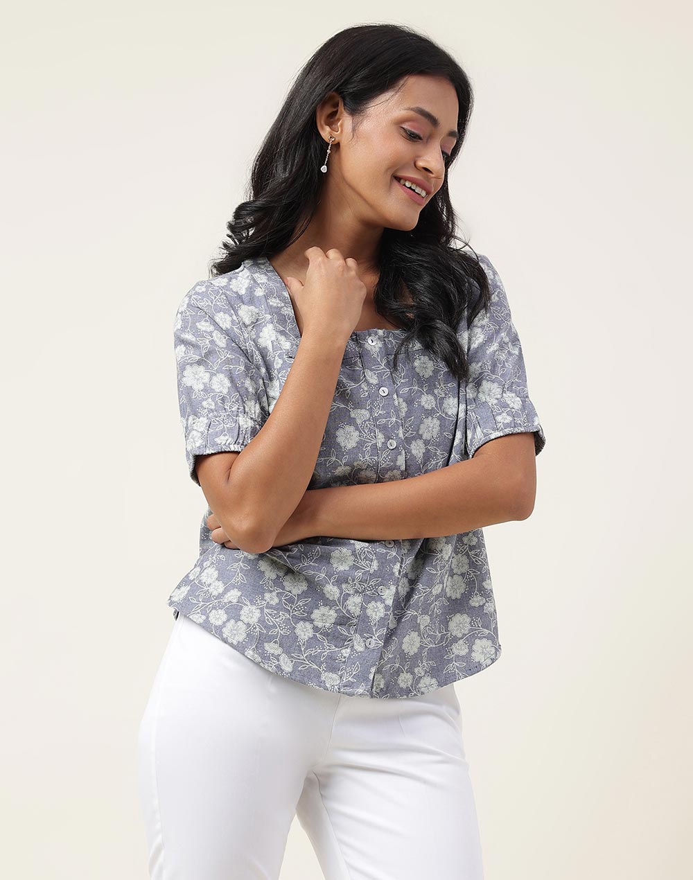 Buy Light Blue Cotton Hand Block Printed Shirt for Women Online at ...