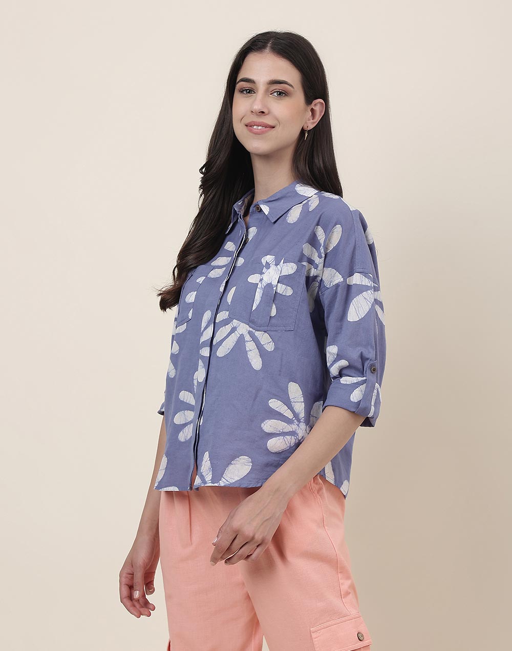 Buy FabNu Purple Cotton Linen Batik Shirt for Women Online at Fabindia