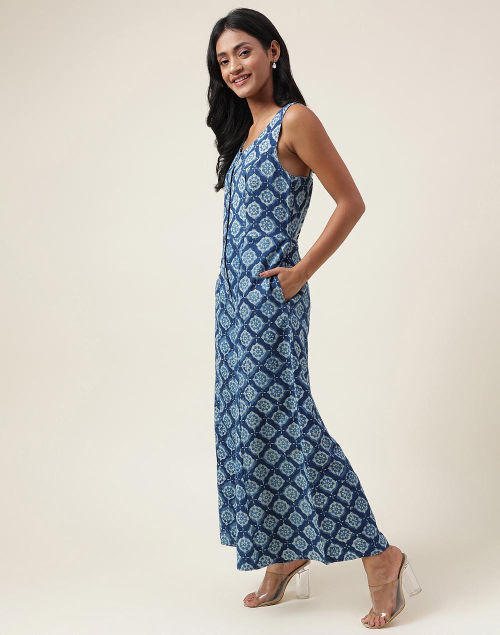 Buy Indigo Hand Block Printed Pure Cotton Jumpsuit Online. – Indirookh