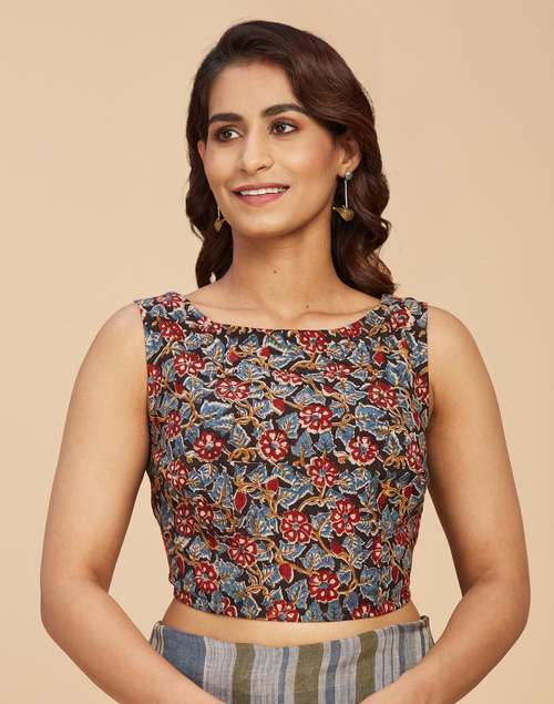 Indigo Cotton Kalamkari Printed Blouse Indigo Cotton Kalamkari Printed Blouse