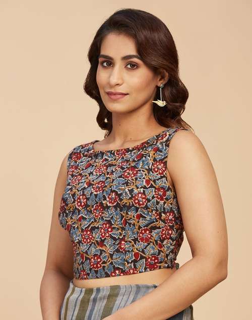 Indigo Cotton Kalamkari Printed Blouse Indigo Cotton Kalamkari Printed Blouse