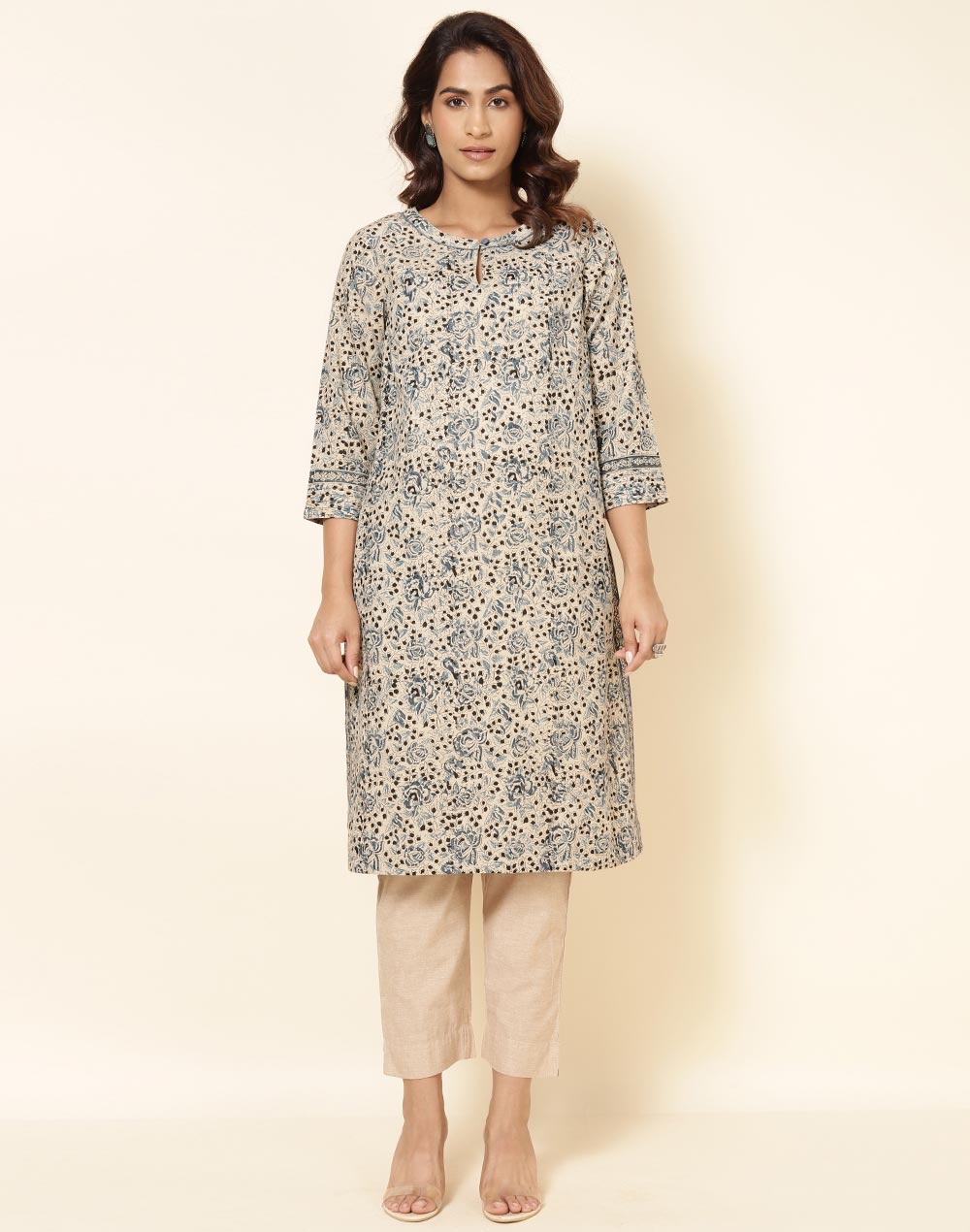 Beige Cotton Printed Knee Length Kurta