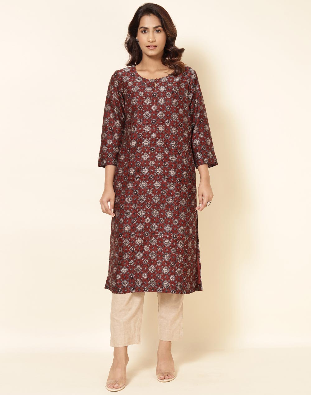 Buy Maroon Cotton Silk Printed Long Kurta for Women Online at Fabindia ...