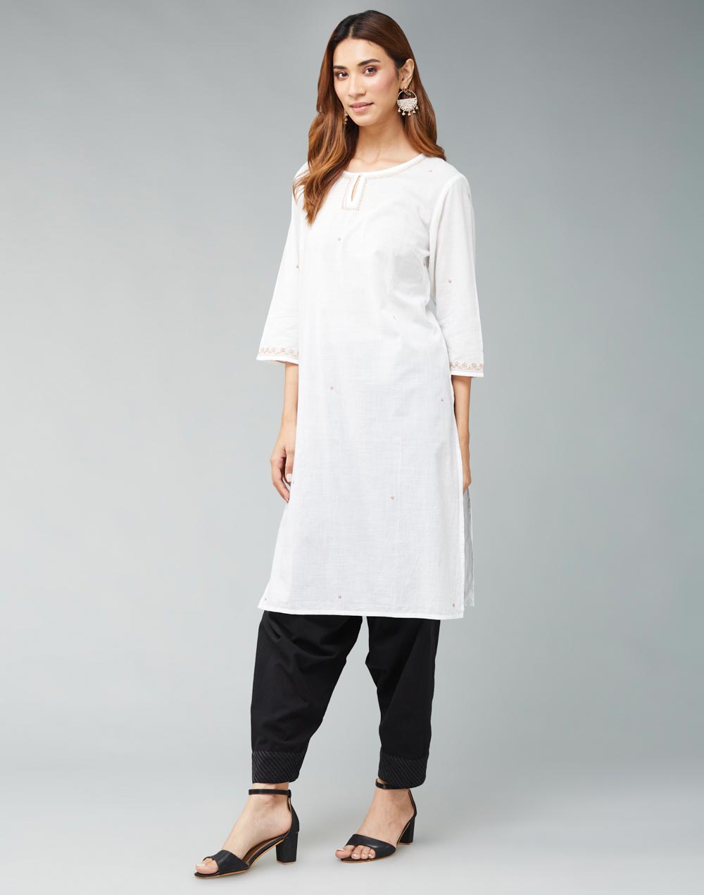 Buy Offwhite Cotton Embroidered Knee Length Kurta for Women Online at ...