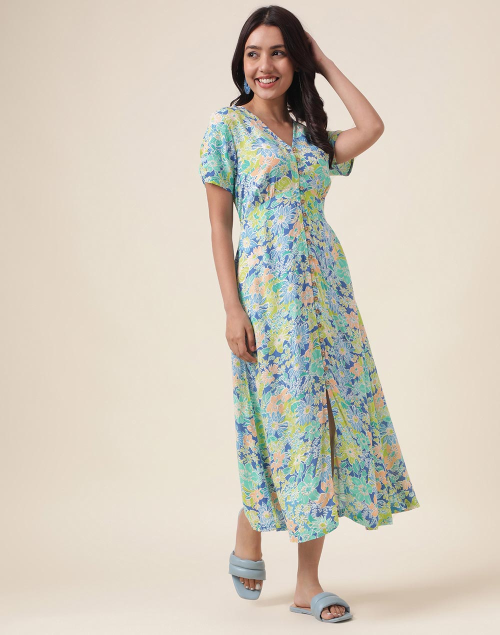 Buy FabNu Blue Viscose Printed Midi Dress for Women Online at Fabindia ...