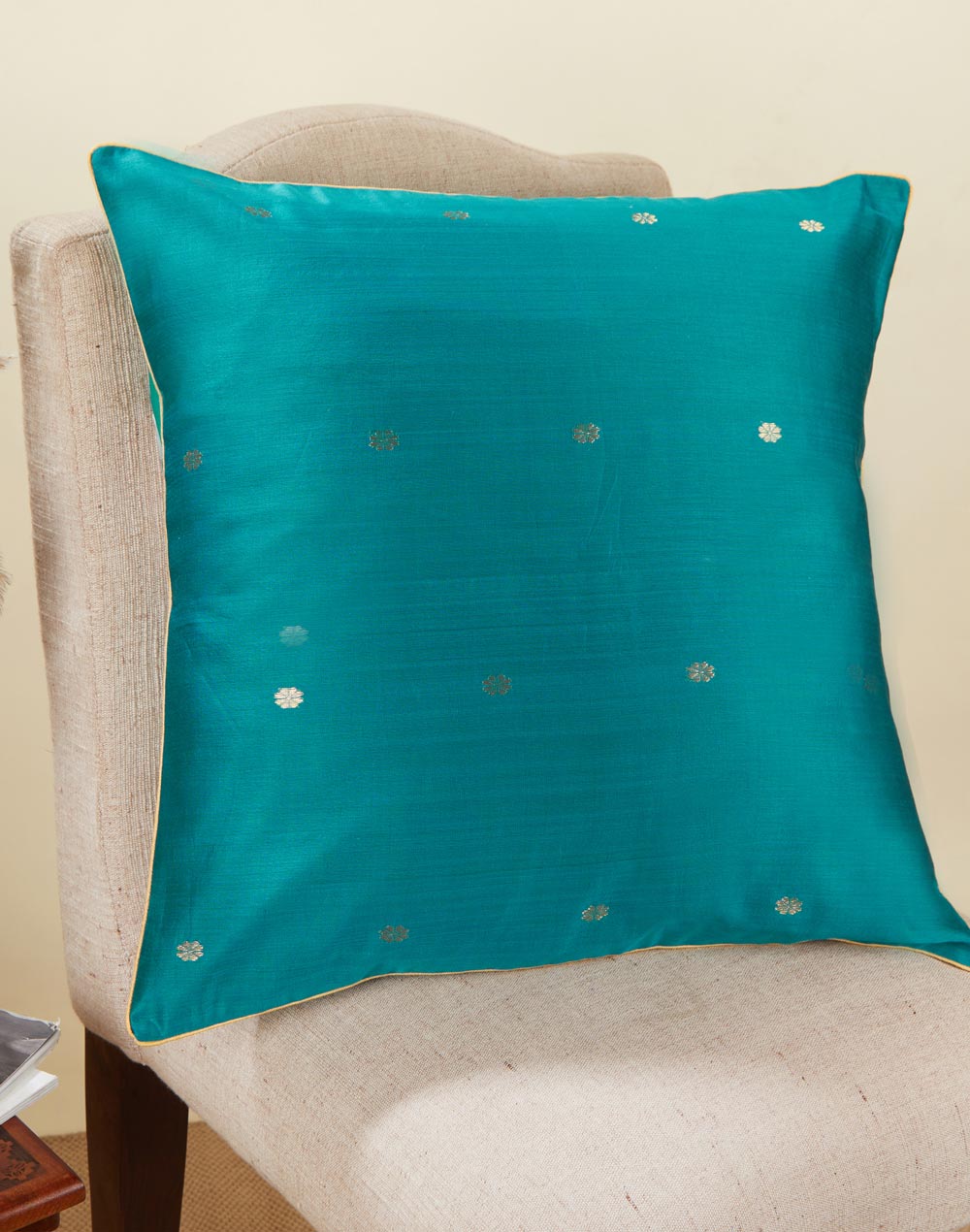 Teal Deeva Cotton Silk Blend Chanderi Cushion Cover