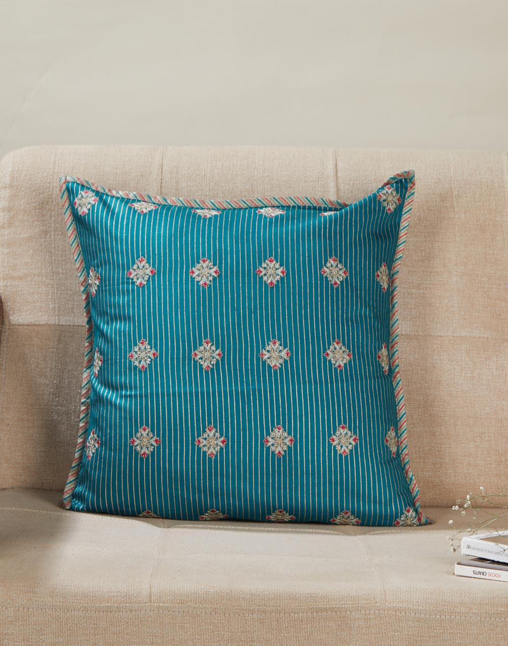 Teal Viscose Blend Embroidered Haveli Cushion Cover