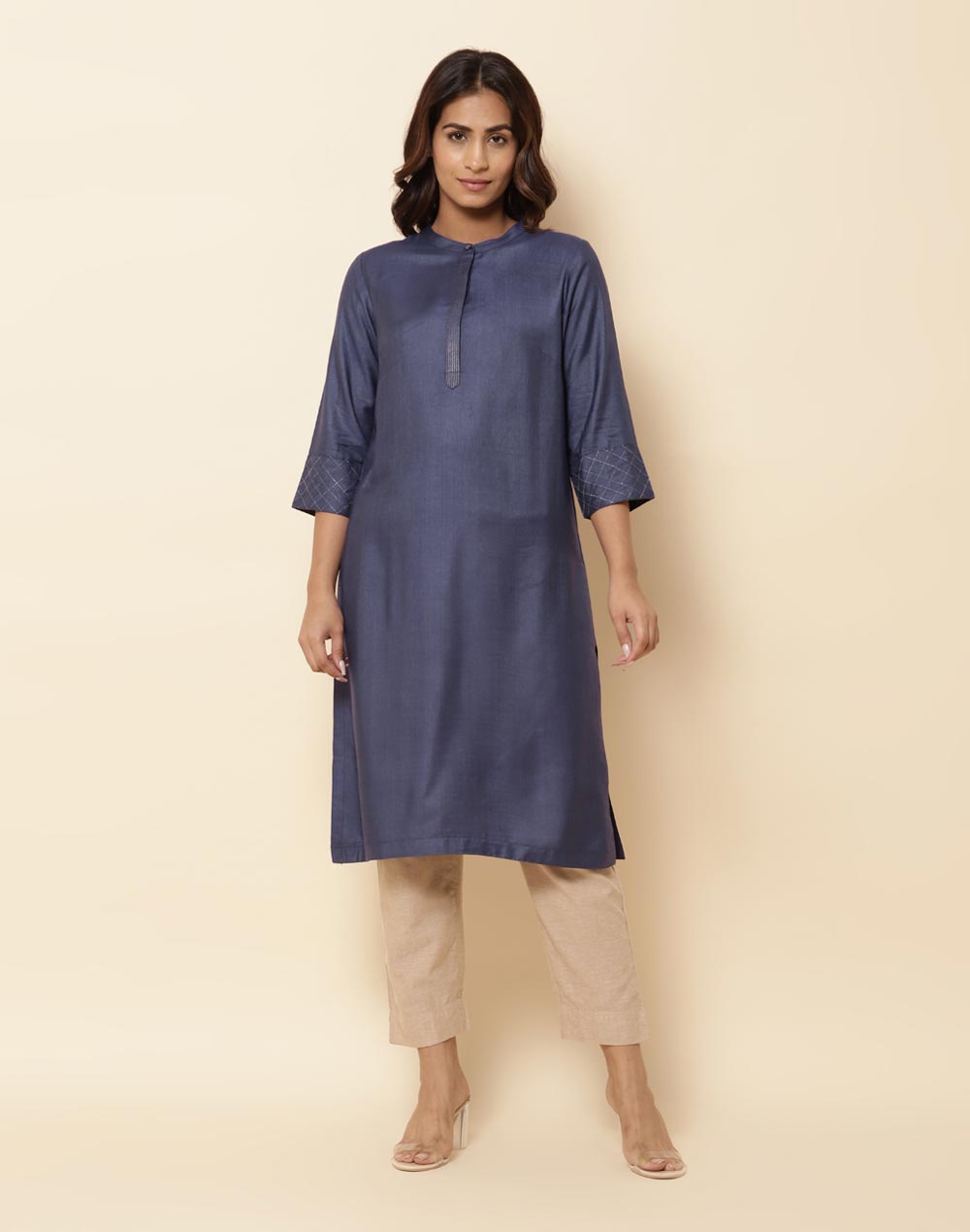 Buy Blue Viscose Silk Embroidered Knee Length Kurta for Women Online at ...