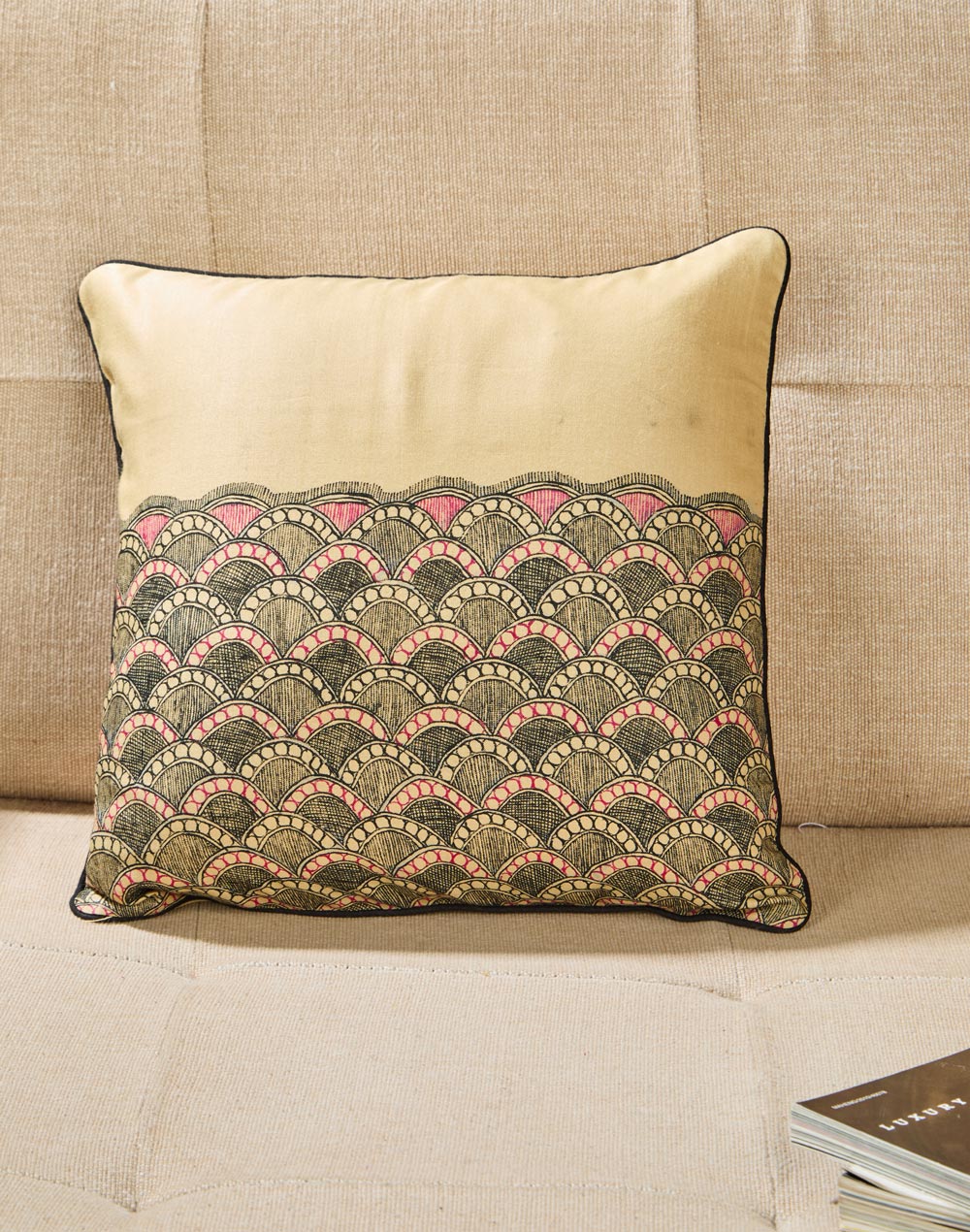 Beige Viscose Silk Madhubani Printed Cushion Cover