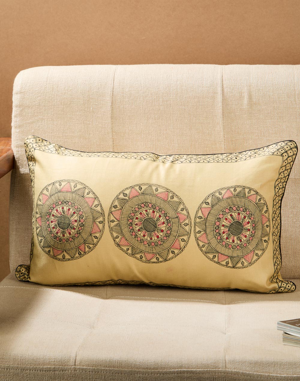 Beige Viscose Silk Madhubani Printed Cushion Cover