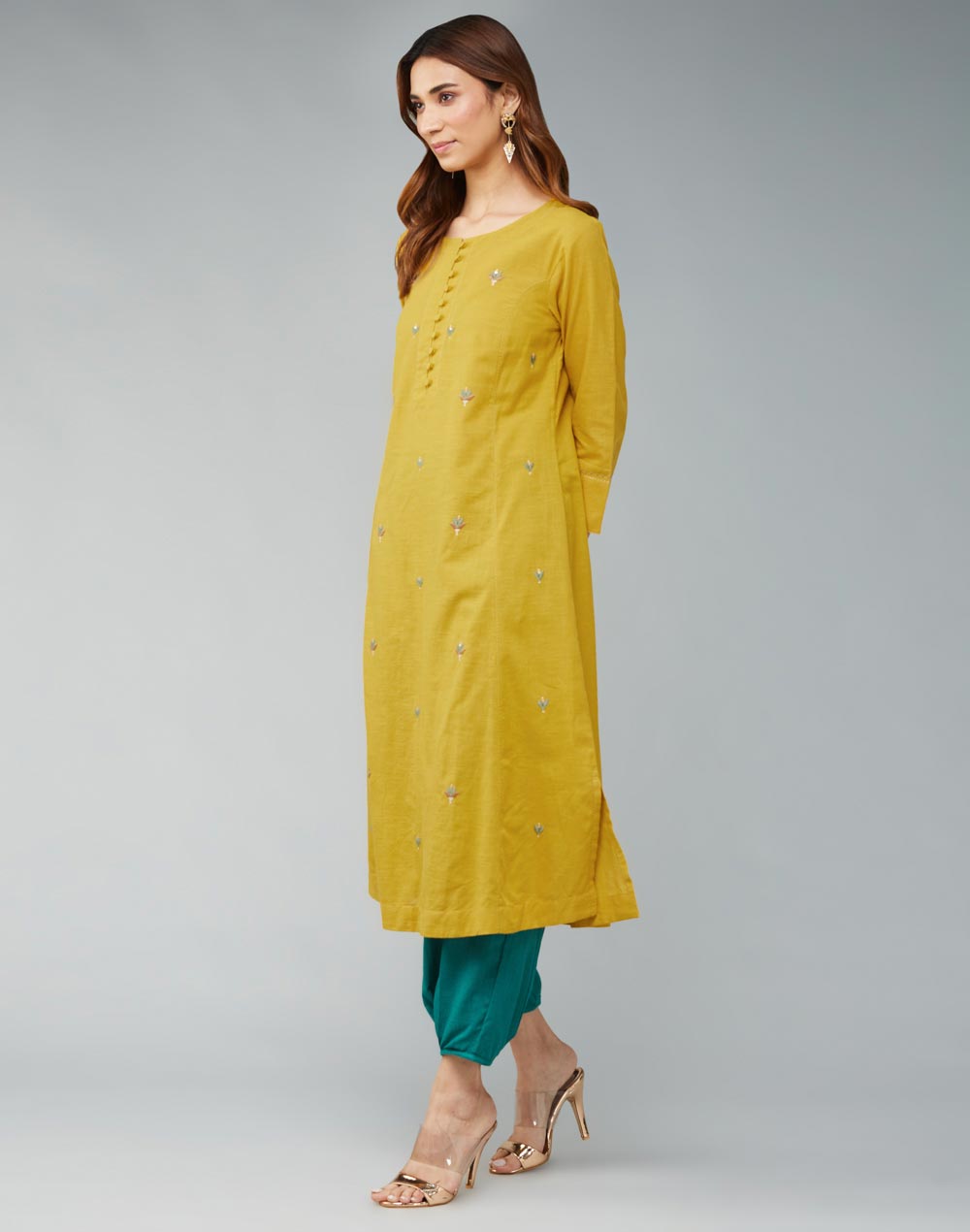 Buy Yellow Cotton Threadwork Long Kurta for Women Online at Fabindia ...