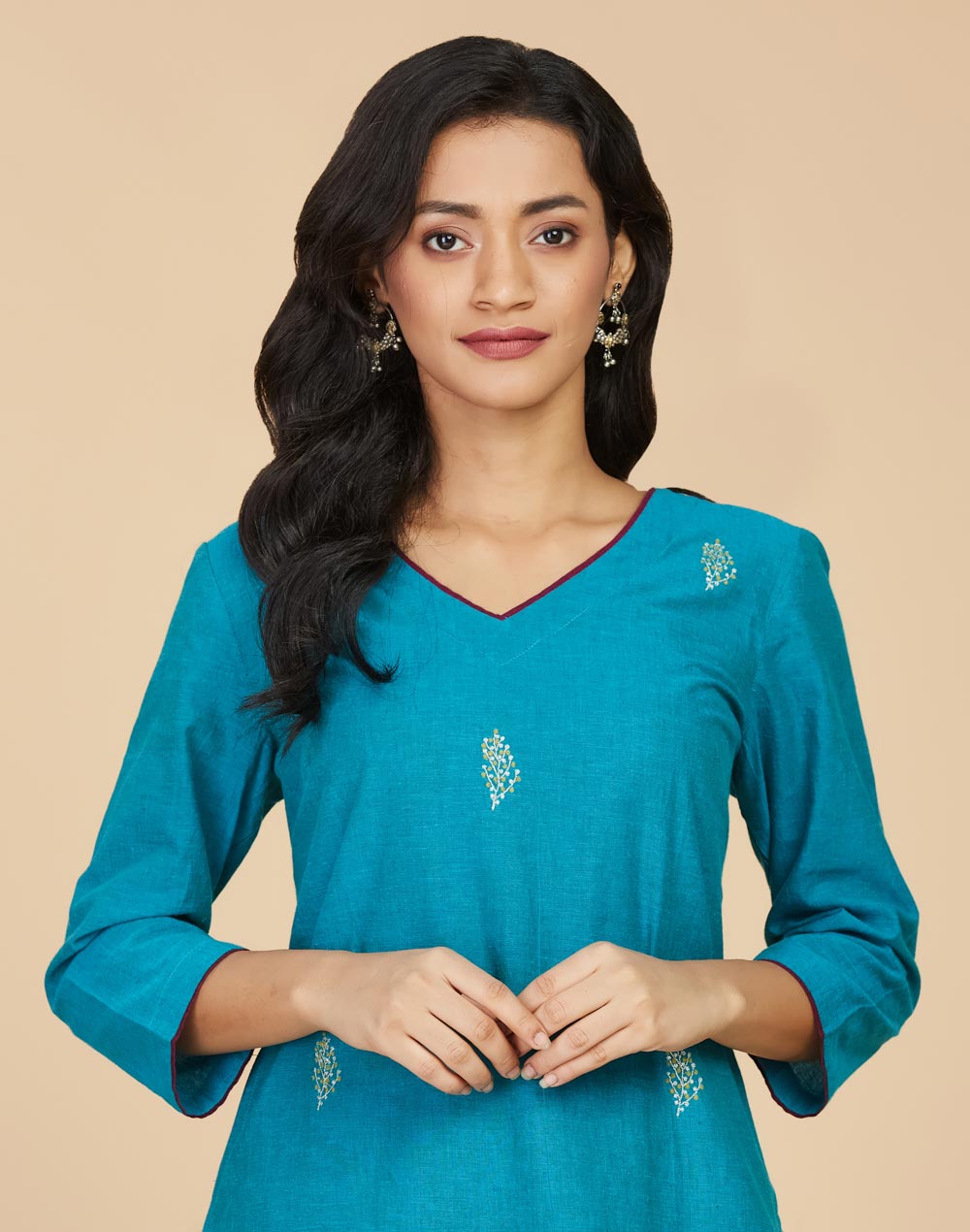 Buy Teal Cotton Embroidered Long Kurta for Women Online at Fabindia ...