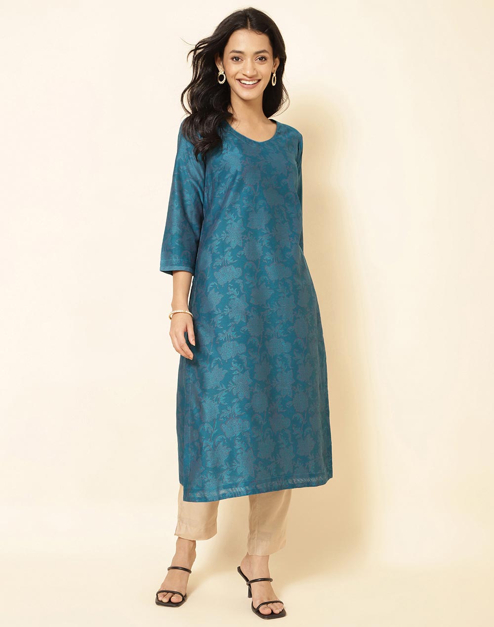 Teal Blue Silky Cotton Long Sleeves Kurti