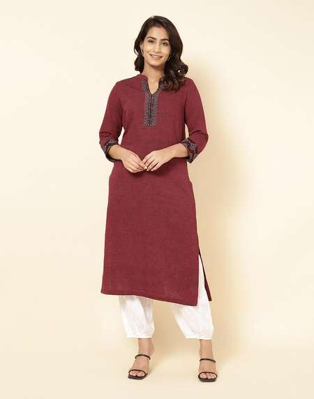 Buy Maroon Cotton Hand Woven Long Kurta for Women Online at