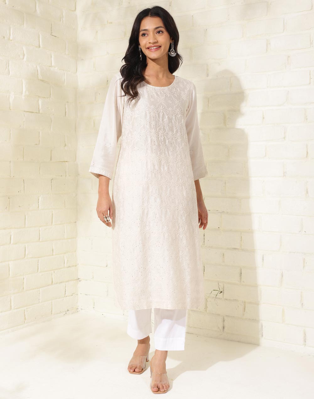 Buy Off White Cotton Full Sleeves Long Kurta Online @