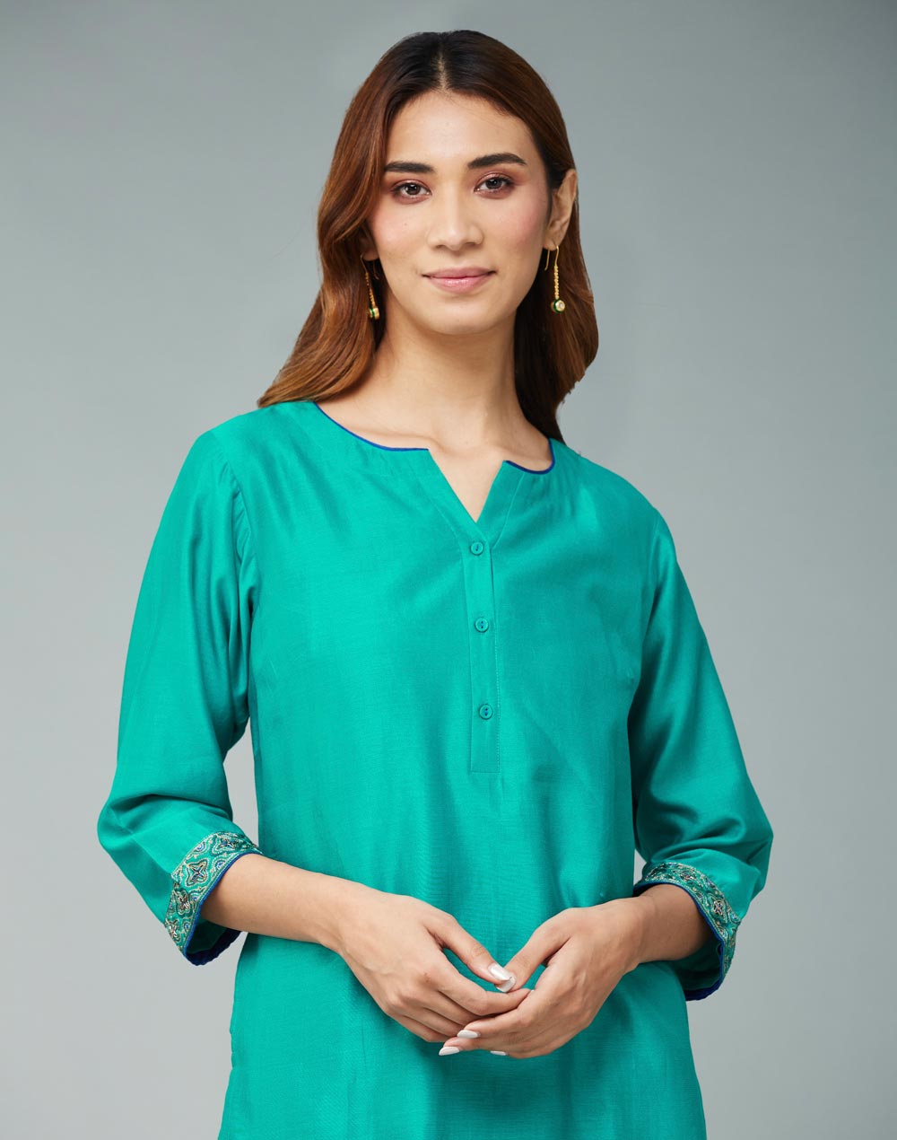 Buy Turquoise Cotton Silk Threadwork Long Kurta for Women Online at ...