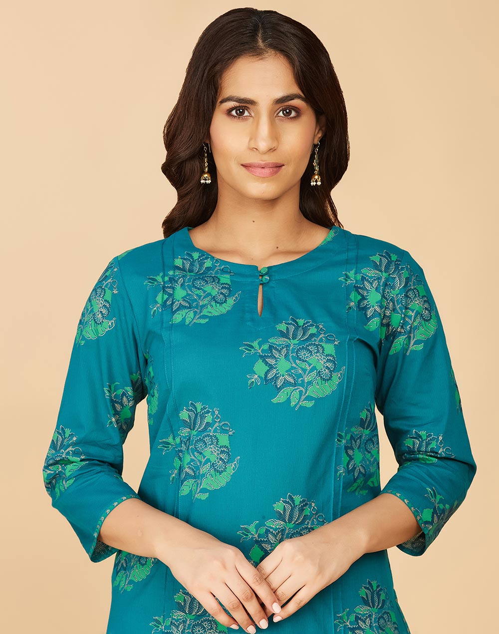 Buy Teal Cotton Printed Slim Fit Long Kurta for Women Online at ...