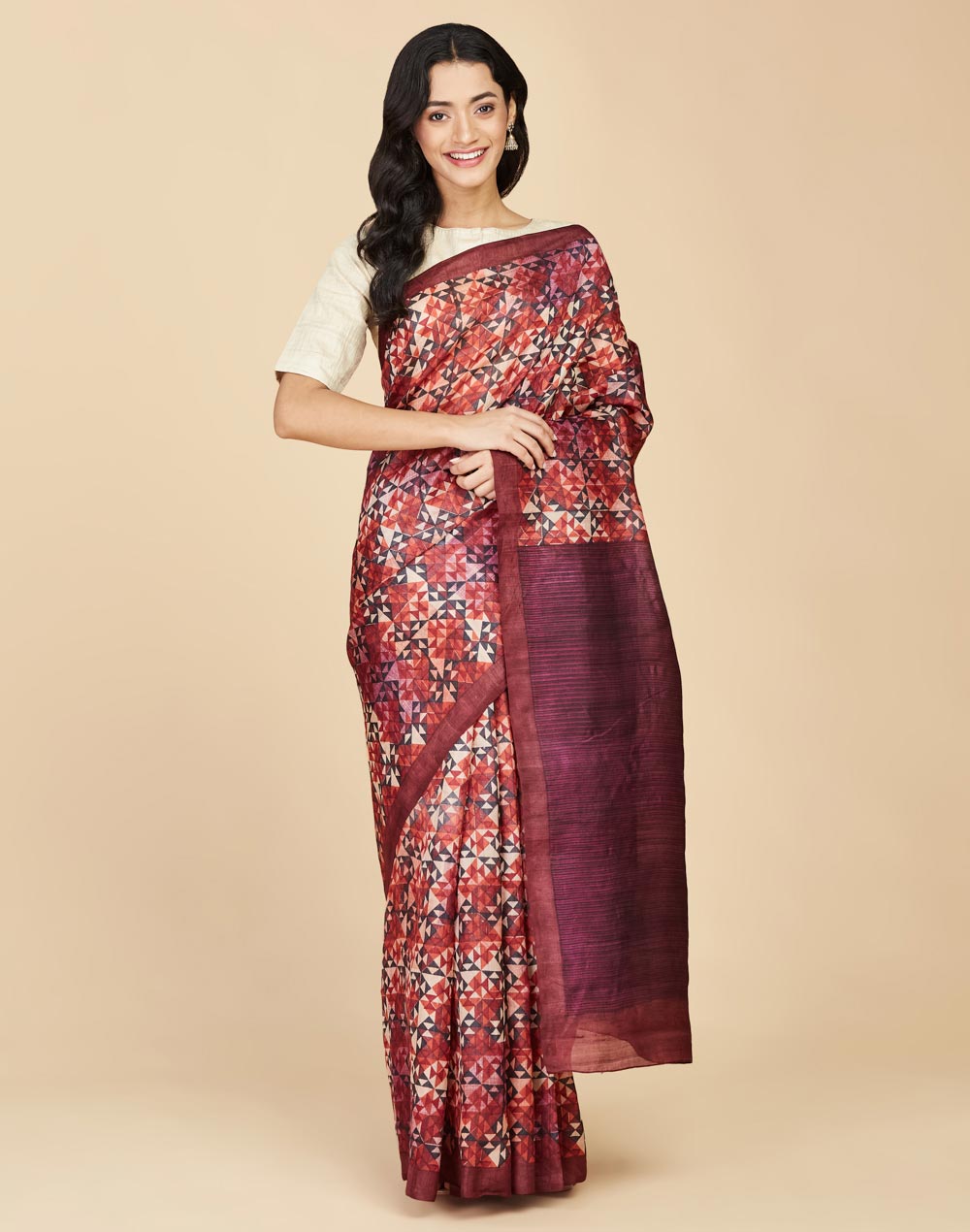 Buy Wine Silk Hand Block Printed Sari for Women Online at Fabindia ...