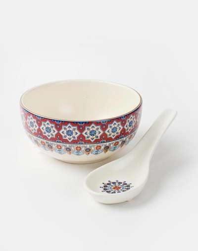 Multi Falak Ceramic Soup Bowl With Spoon Multi Falak Ceramic Soup Bowl With Spoon