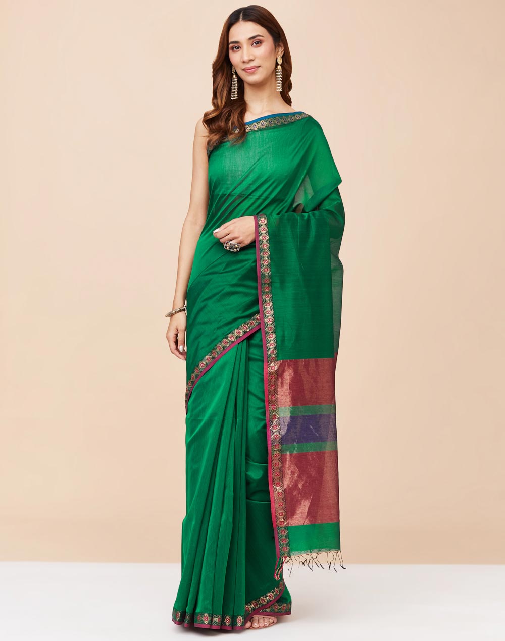 Buy Green Cotton Silk Blend Embroidered Sari for Women Online at ...
