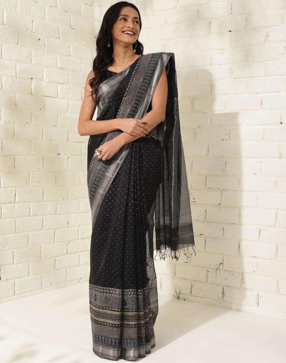 Buy Black Cotton Silk Blend Printed Sari for Women Online at Fabindia ...
