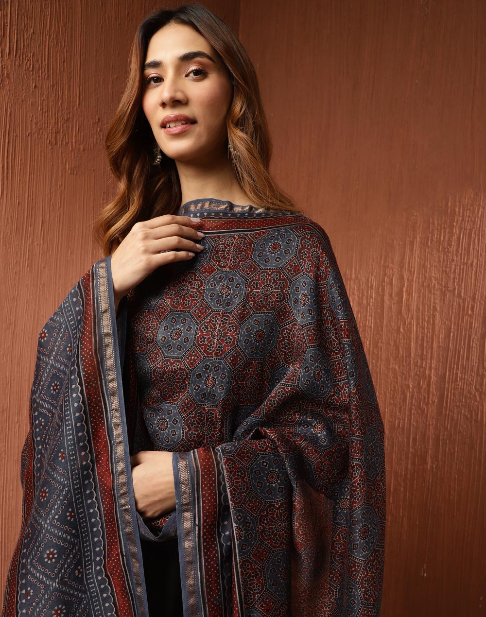 Buy Indigo Cotton Silk Blend Ajrakh Printed Dupatta for Women Online at ...