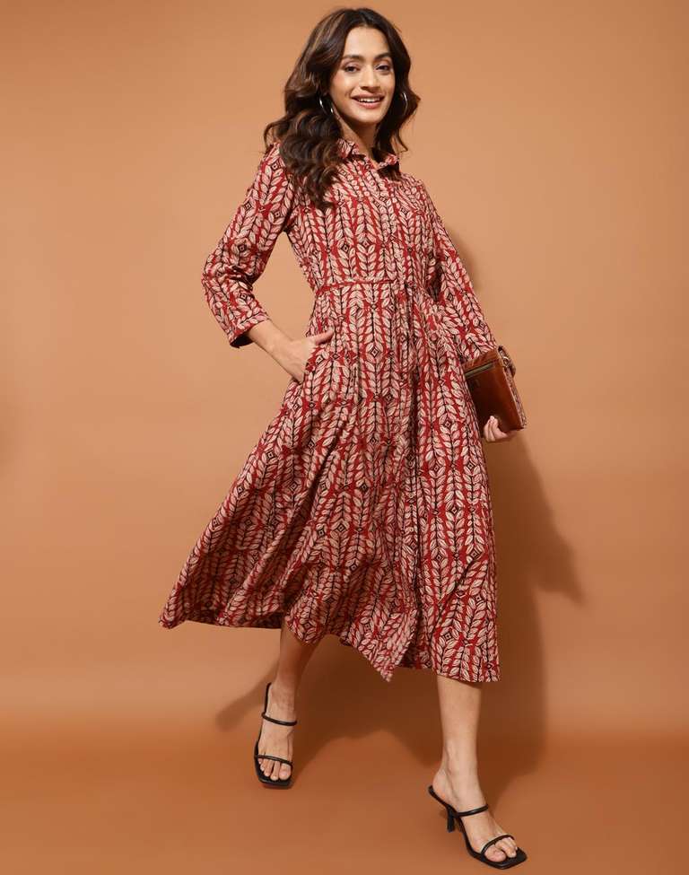 Buy Red Cotton Kalamkari Printed Midi Dress for Women Online at