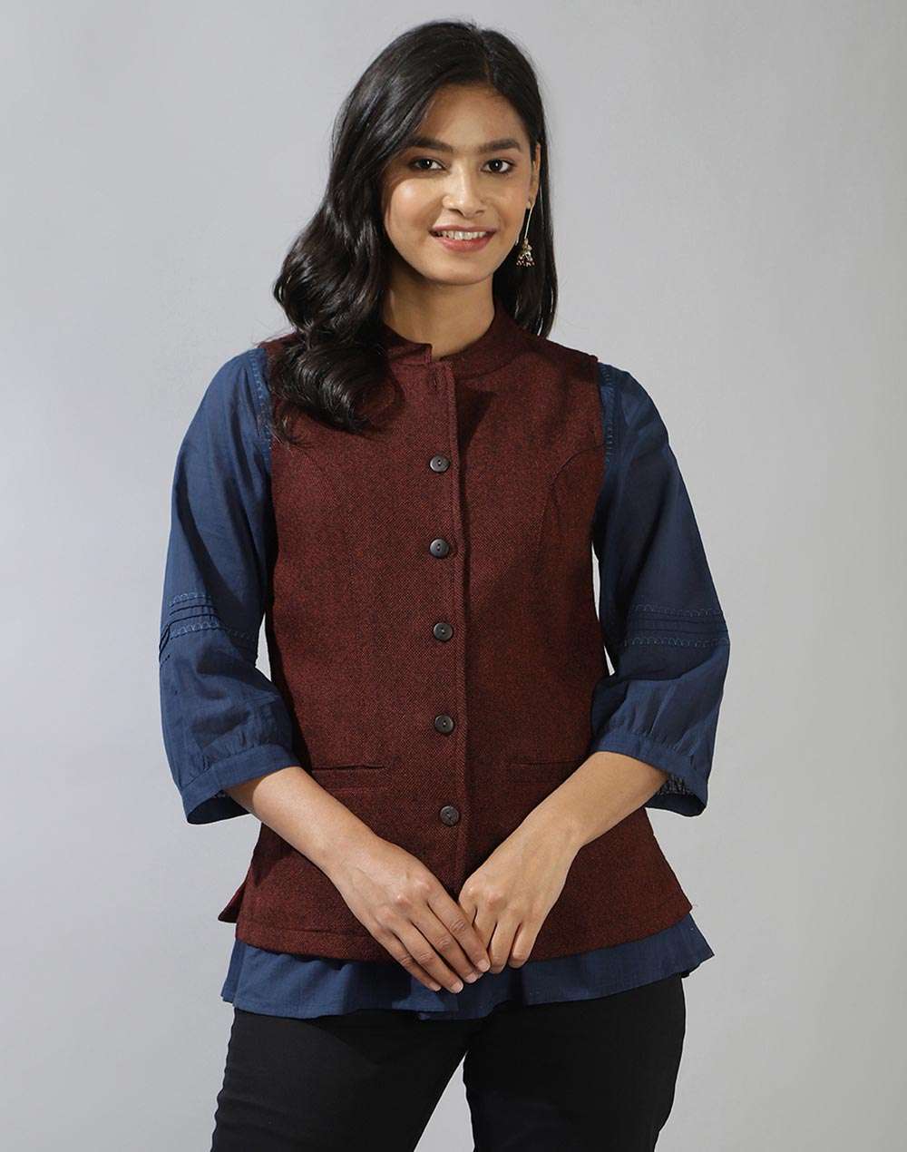 Buy Maroon Wool Straight Jacket for Women Online at Fabindia | 20124405