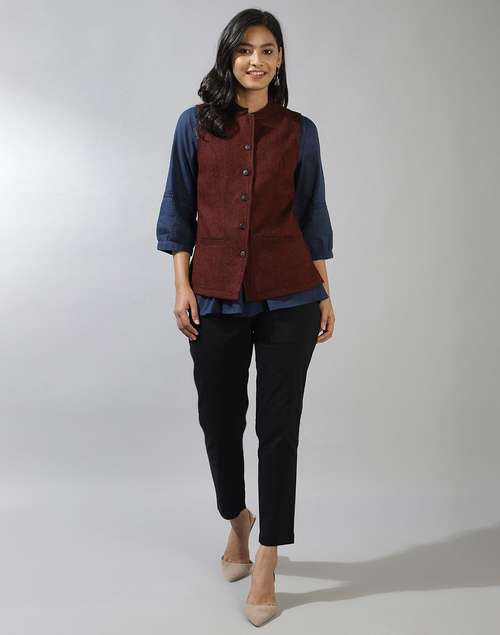 Buy Maroon Wool Straight Jacket for Women Online at Fabindia | 20124405