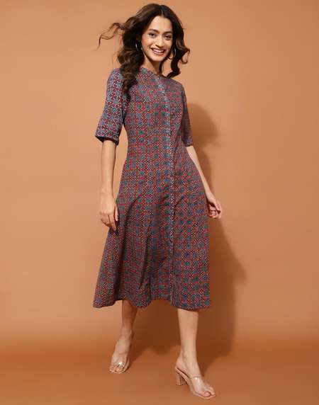 Buy Red Cotton Ajrakh Printed Midi Dress for Women Online at