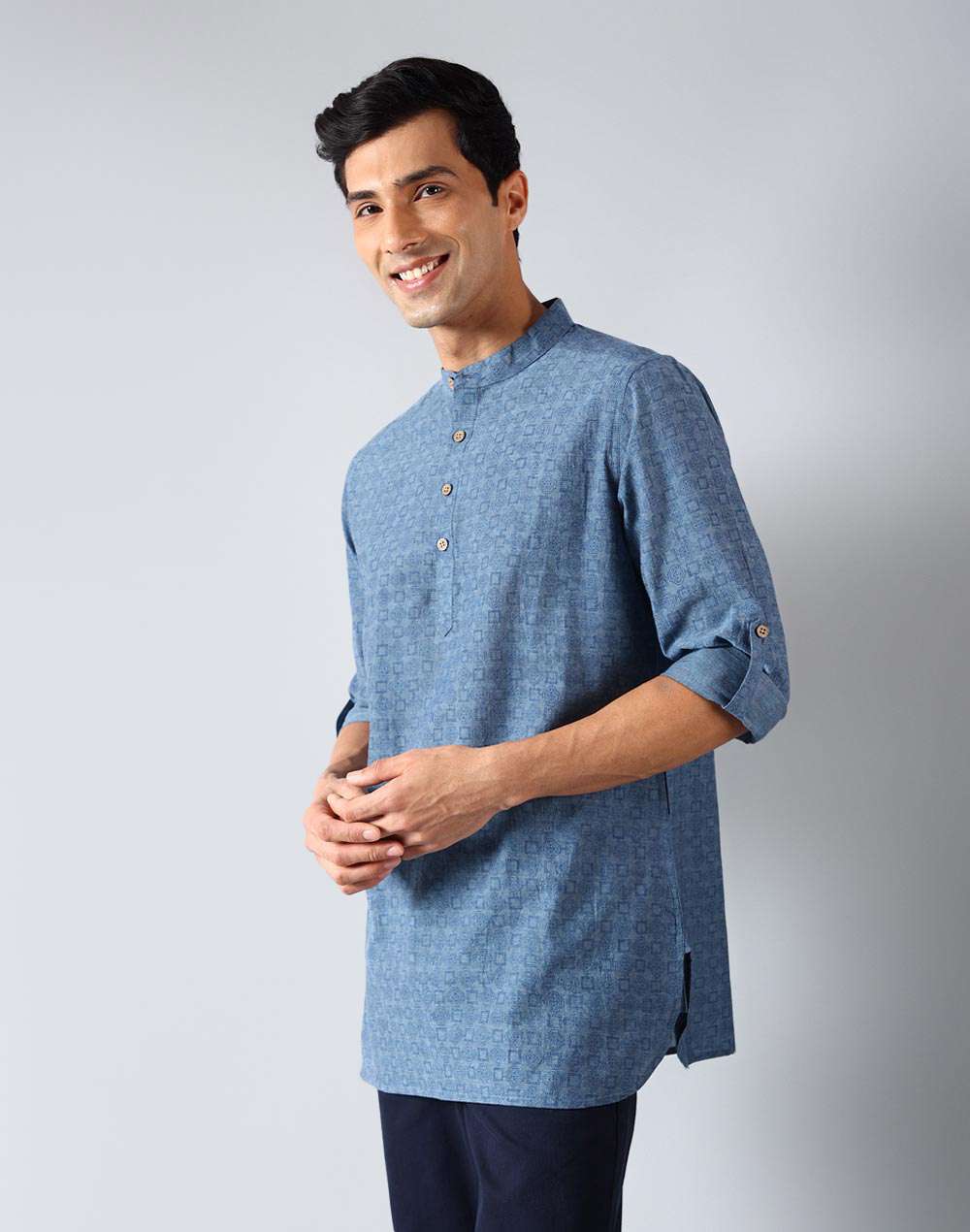 Buy Blue Cotton Hand Block Printed Slim Fit Short Kurta For Men Online buy-blue-cotton-hand-block-printed-slim-fit-short-kurta-for-men-online