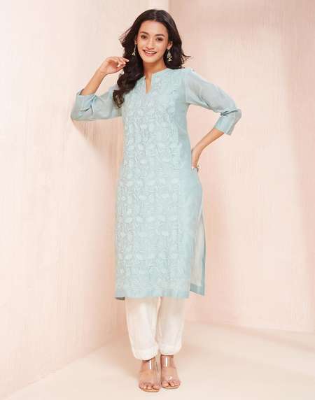 Buy Blue Cotton Silk Chikankari Slip Kurta Set for Women Online