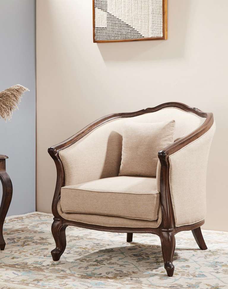 Beige Wood Single Seater Sofa