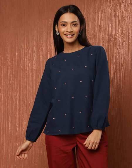Buy Blue Cotton Embroidered Top for Women Online at Fabindia