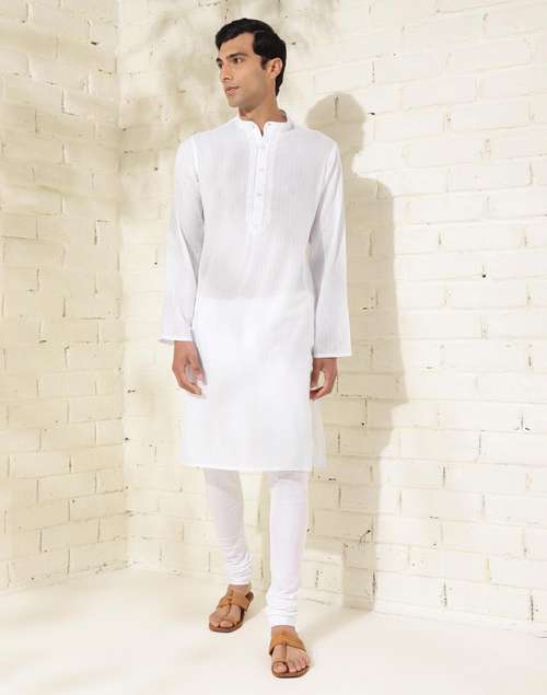 White Cotton Chikankari Slim Fit Long Kurta White Cotton Chikankari Slim Fit Long Kurta