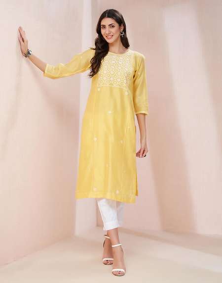 Buy Yellow Cotton Silk Chikankari Kurta Slip for Women Online at