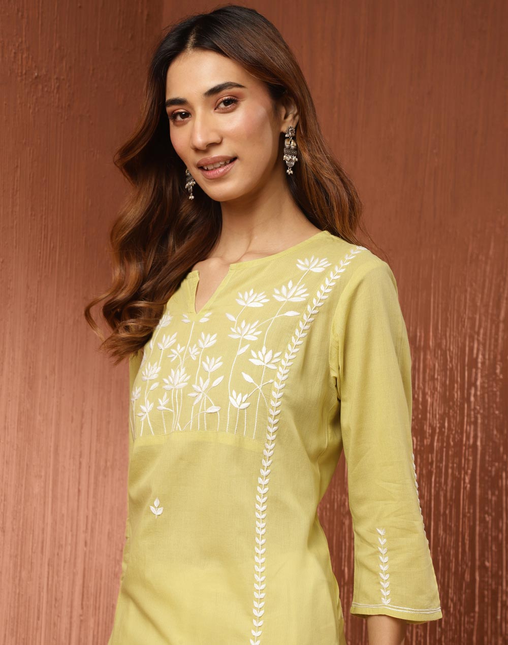 Buy Green Cotton Chikankari Long Kurta for Women Online at Fabindia ...