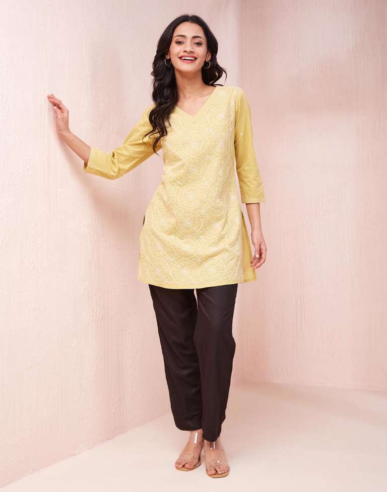 Buy Yellow Cotton Chikankari Slim Fit Kurta Short for Women Online