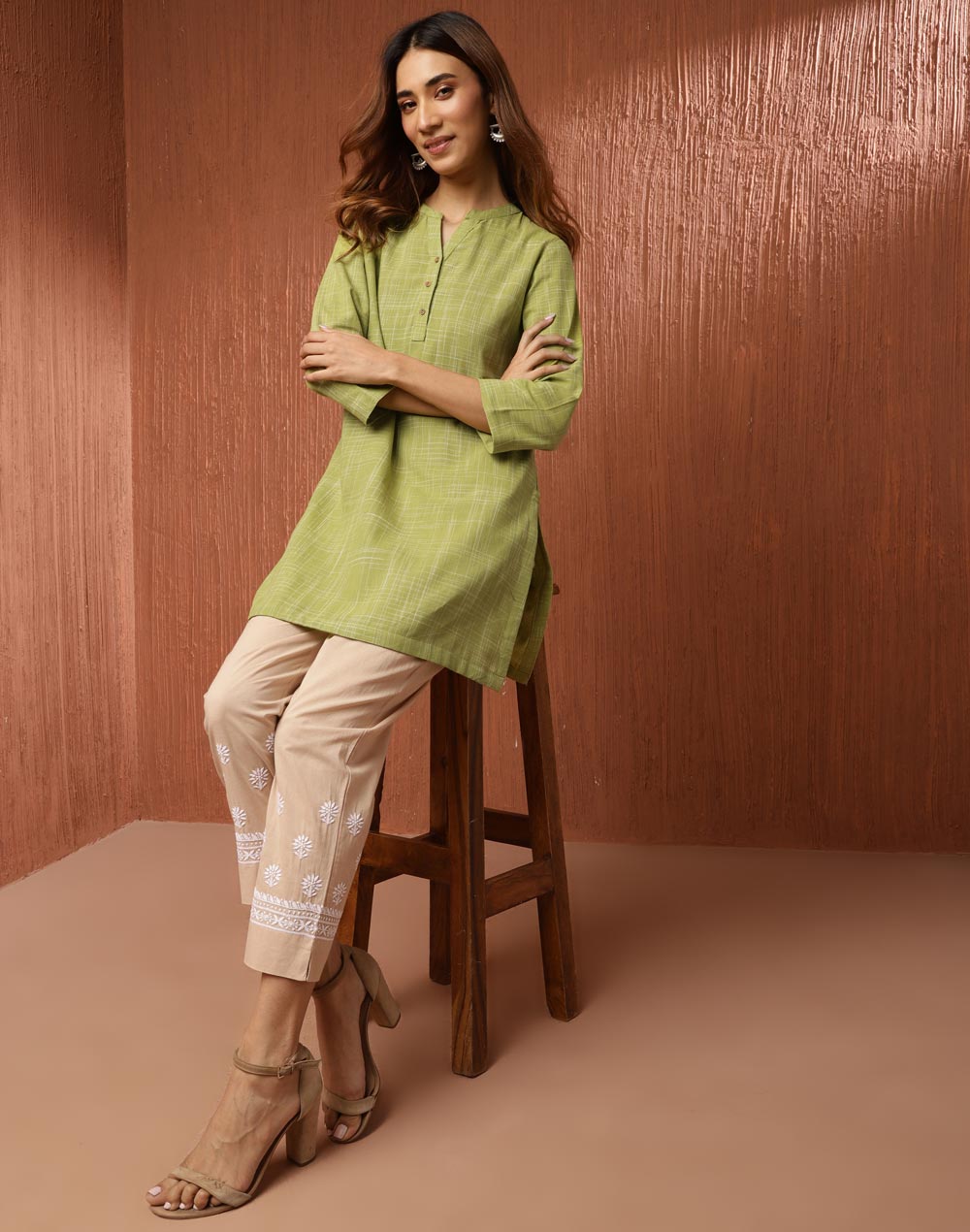 Buy Green Cotton Thigh Length Slim Fit Short Kurta for Women Online at  Fabindia