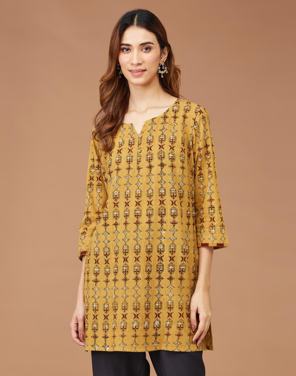 Buy Mustard Cotton Dabu Printed Slim Fit Short Kurta for Women Online ...
