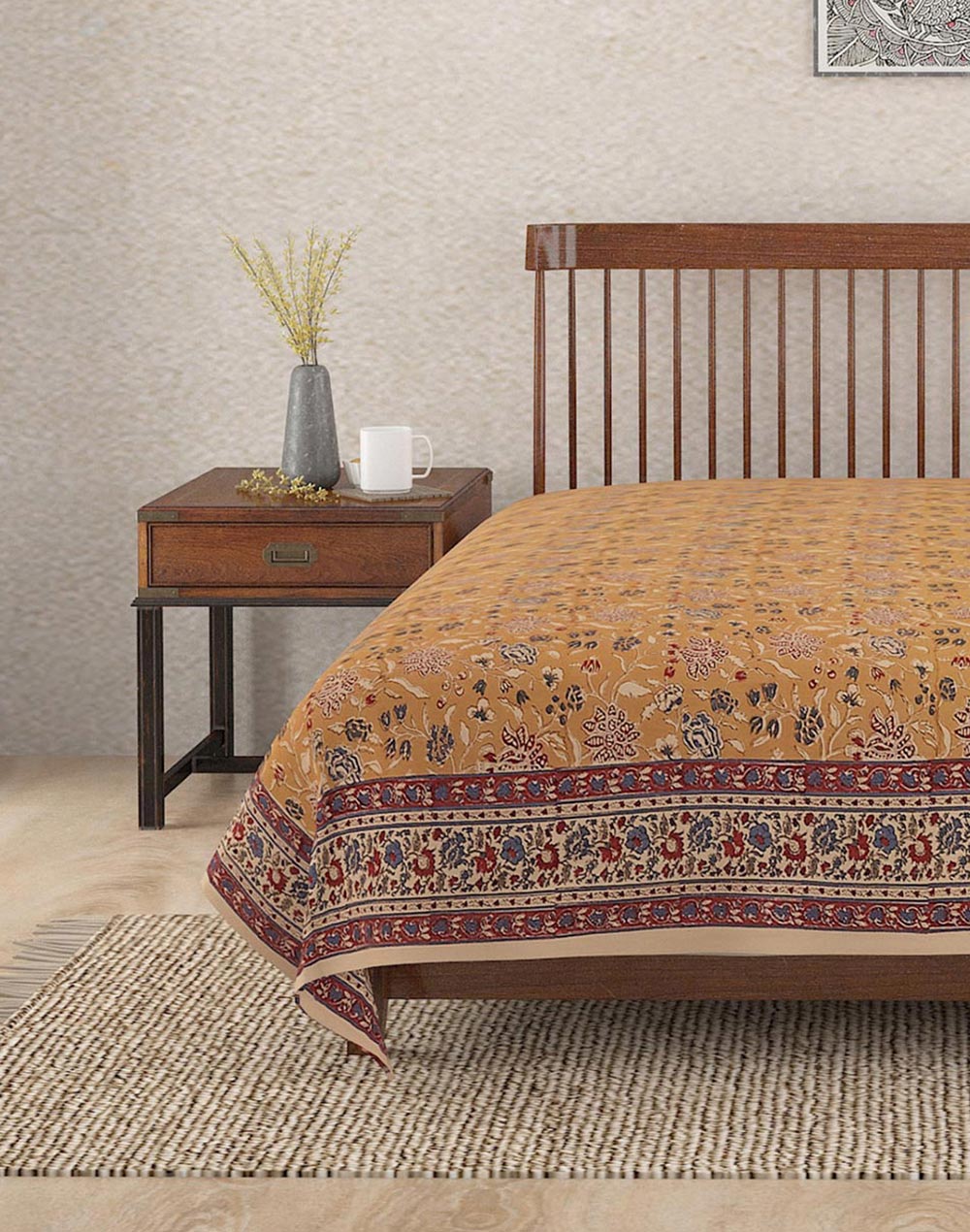 Mustard Mehulika Cotton Hand Block Printed Double Bed Cover