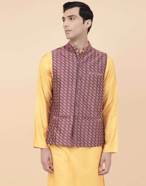 Wine Cotton Silk Blend Woven Jacket Nehru Wine Cotton Silk Blend Woven Jacket Nehru