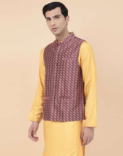 Wine Cotton Silk Blend Woven Jacket Nehru Wine Cotton Silk Blend Woven Jacket Nehru