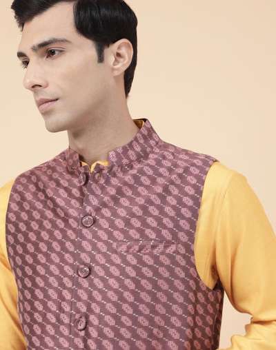 Wine Cotton Silk Blend Woven Jacket Nehru Wine Cotton Silk Blend Woven Jacket Nehru
