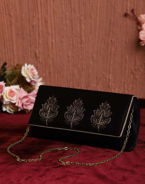 Black Silk Blend Embroidered Clutch Black Silk Blend Embroidered Clutch