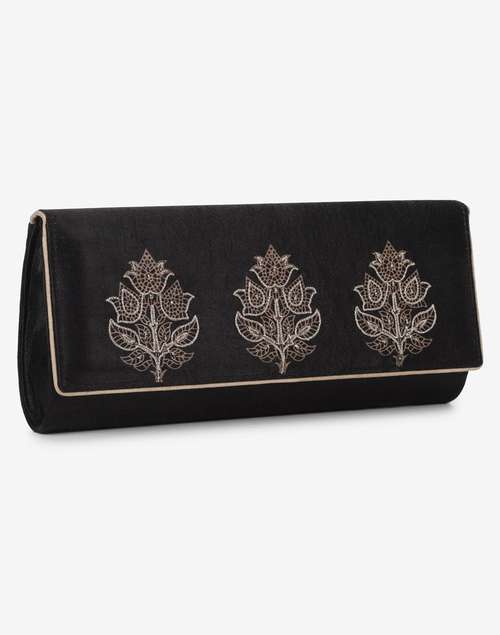 Black Silk Blend Embroidered Clutch Black Silk Blend Embroidered Clutch