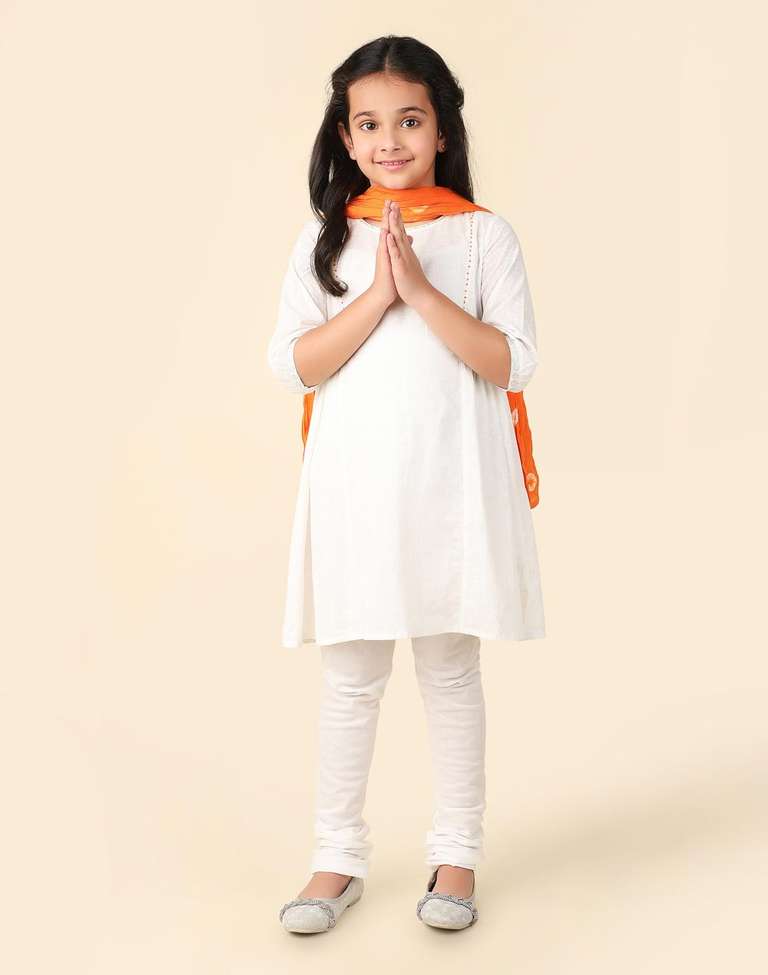 Buy White Cotton Hand Block Printed Churidar Set for Kids Online