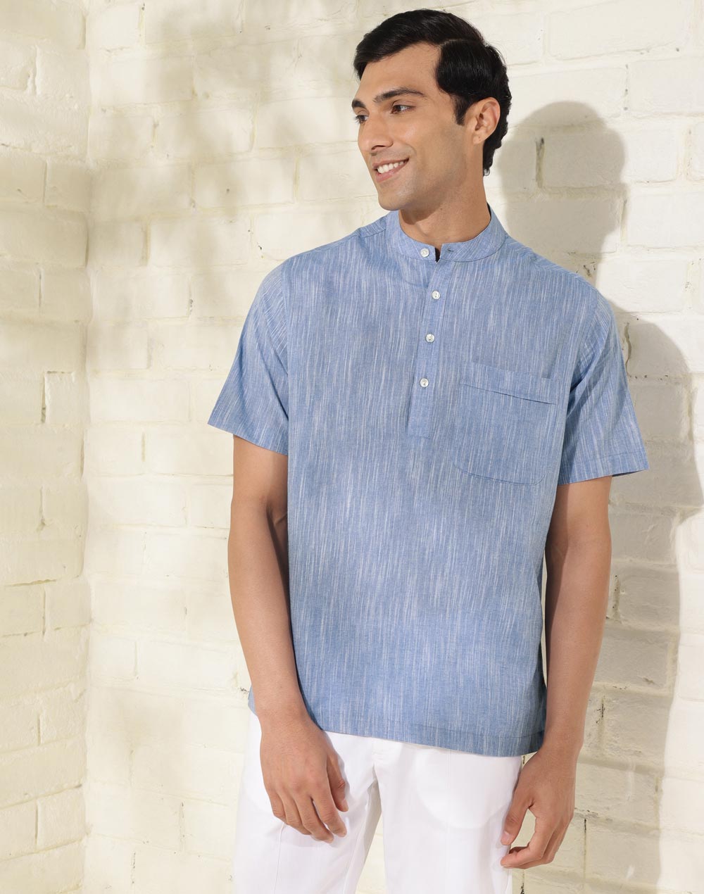 Blue Cotton Solids Mid Placket Shirt