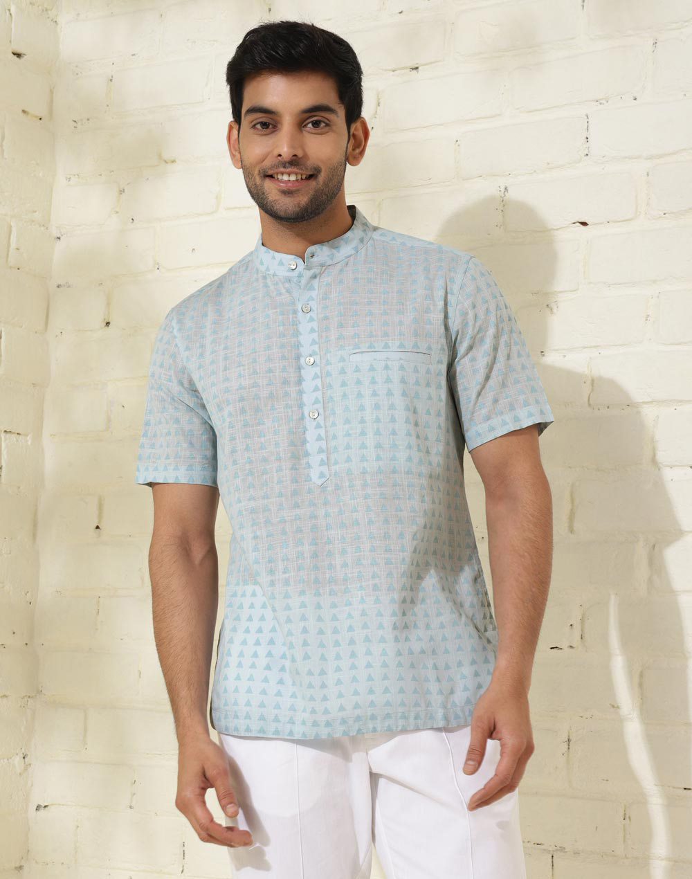 Buy Sky Blue Block Printed Half Sleeves Cotton Shirt Online