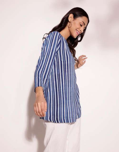 Blue Viscose Hand Block Printed Tunic Blue Viscose Hand Block Printed Tunic